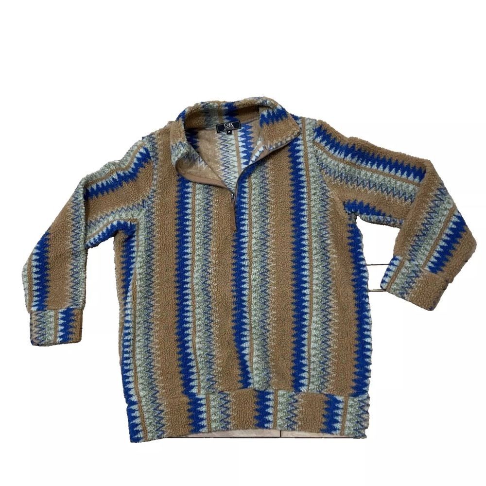L&B Luxury & Blessed Sherpa Fleece Adult M Southwest Aztec Stripe Blue Brown Zip